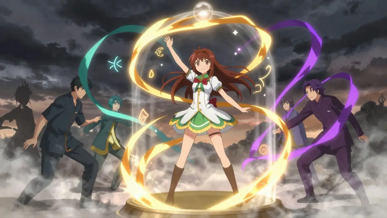 Magical character shielded by multi-colored support orbs.