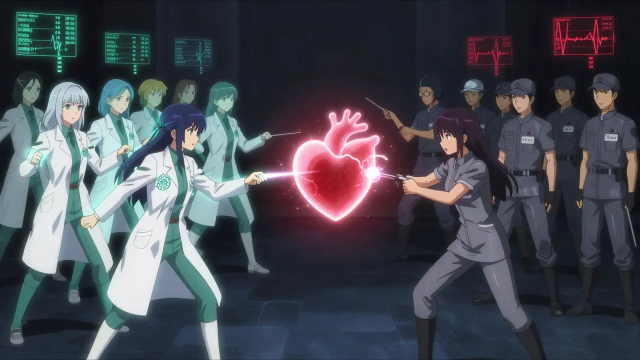 Pharmacists duel with data streams of TSH levels and cardiac events, a glowing heart pulsing between life and danger.