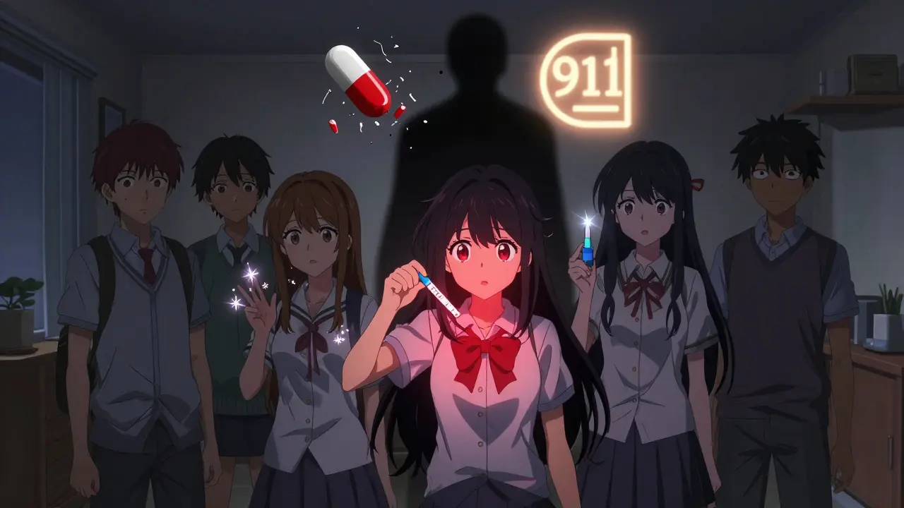 Teens use a glowing fentanyl test strip and naloxone spray to combat a hidden drug threat, with a shattered fake pill releasing dust in a dim room.