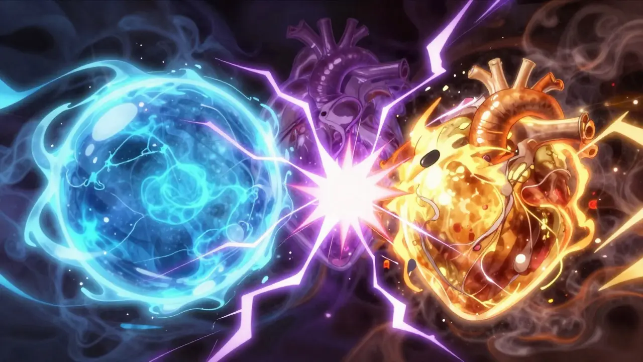 Two energy spheres colliding with toxic purple lightning.