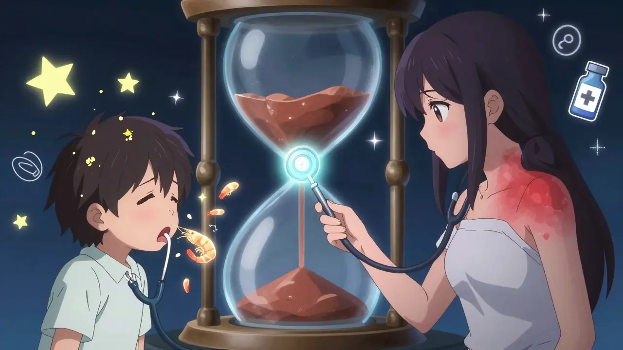 Two spectral figures showing different allergy symptoms—one with vomiting shrimp, the other with a drug-induced rash.