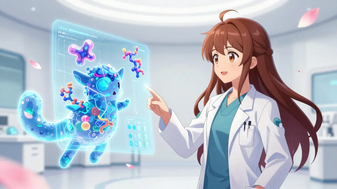 Anime doctor and a floating AI spirit interacting with iridescent holographic protein models.