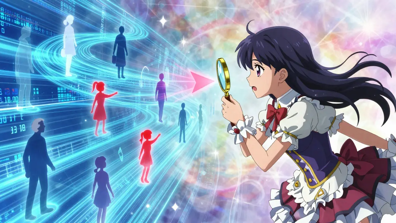 Anime magical girl analyzing holographic patient data streams with a magnifying glass.