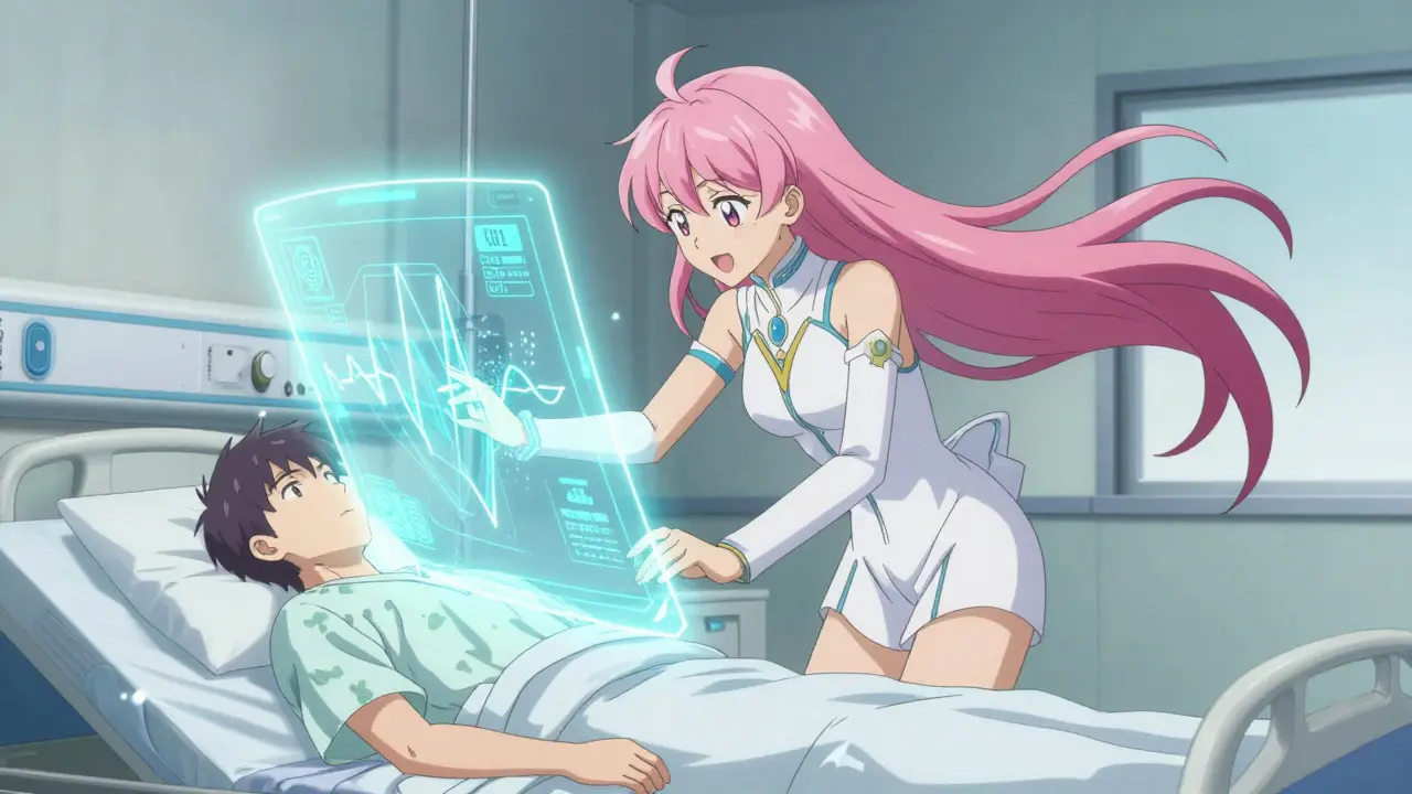 Anime magical girl using a futuristic AI holographic shield to protect a patient.