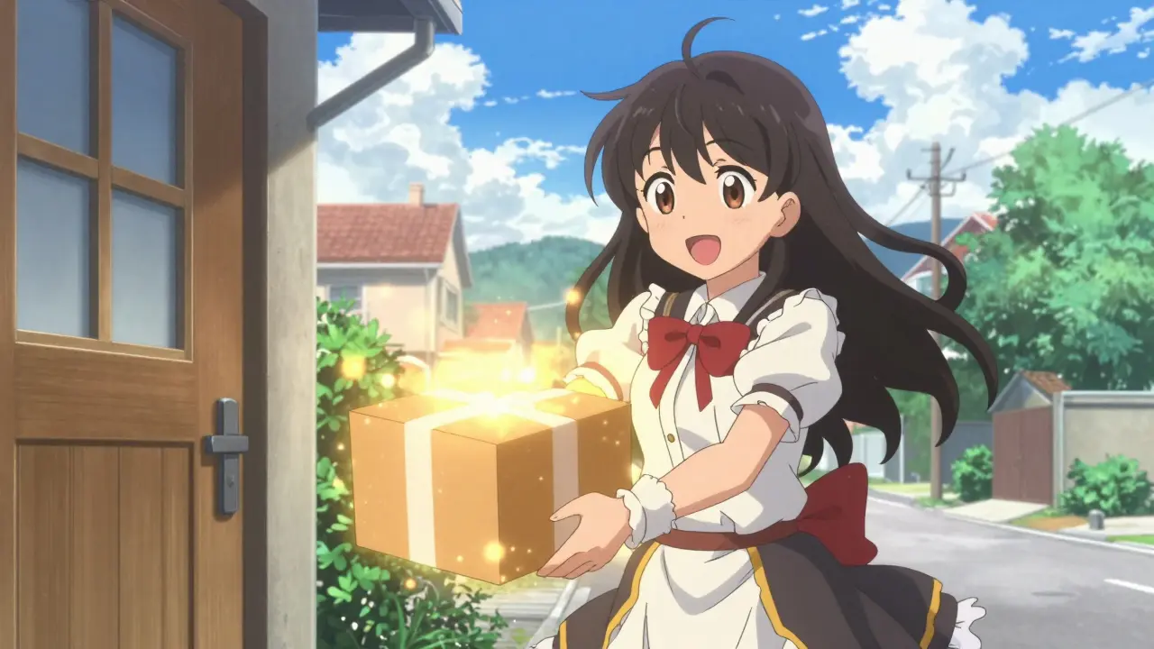 Cheerful anime girl receiving a glowing, magical delivery package at her home.