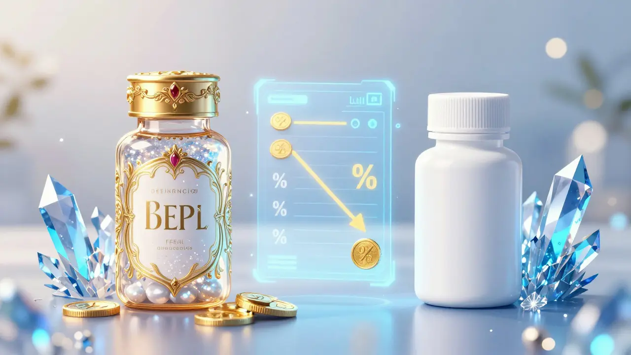 Comparison between branded and generic medication with magical holographic price tags.