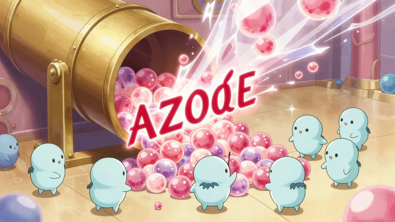 Cute enzyme characters in a stylized liver struggling with a blocked metabolic chute.