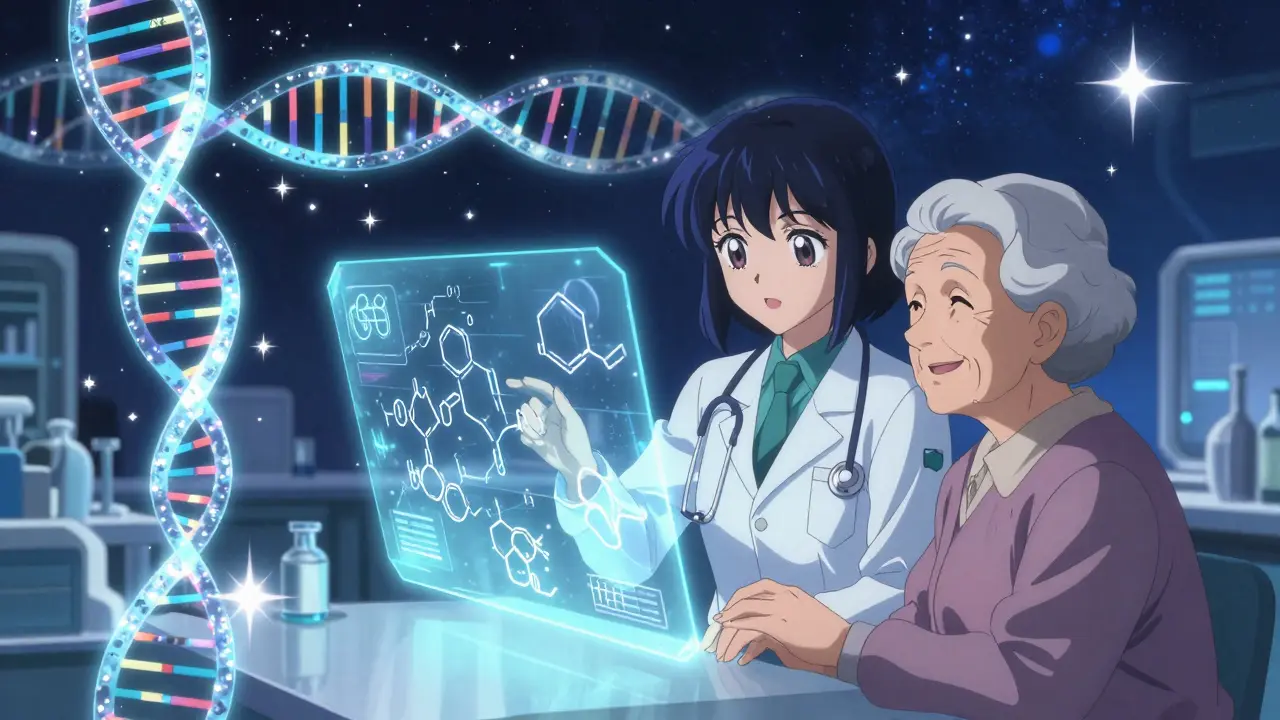 Futuristic anime scene showing DNA and holographic medicine for personalized care