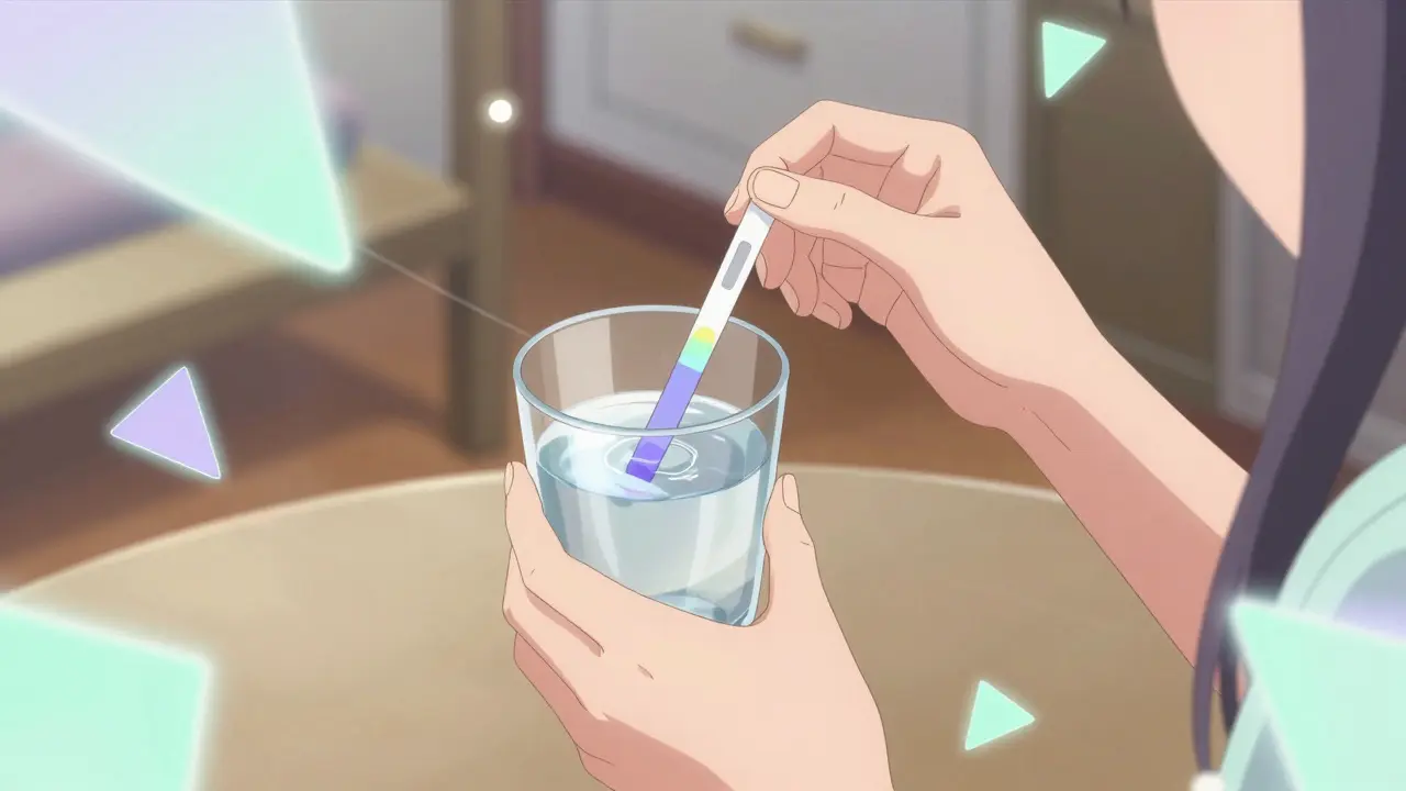 Hands using a fentanyl test strip with magical pastel effects