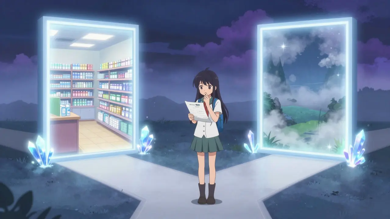 Magical girl deciding between a local pharmacy and an international one