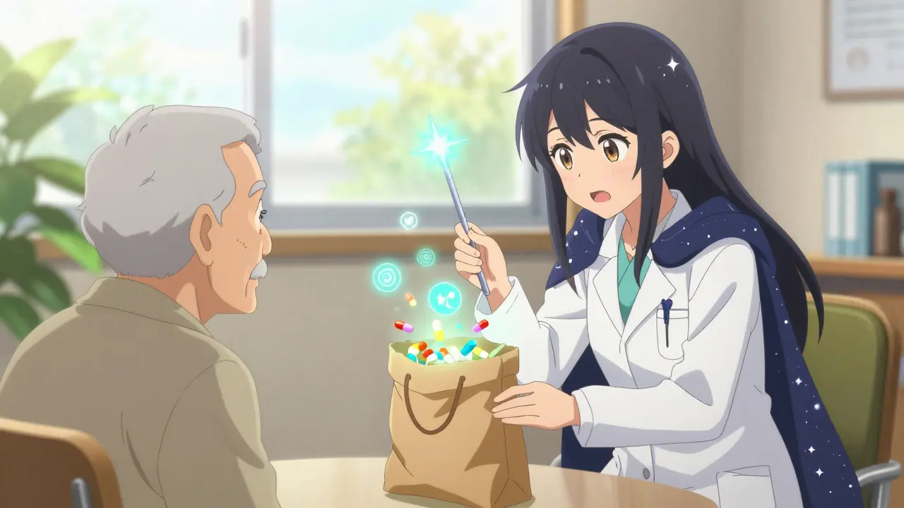 Magical girl doctor and senior patient reviewing medications from a glowing brown bag