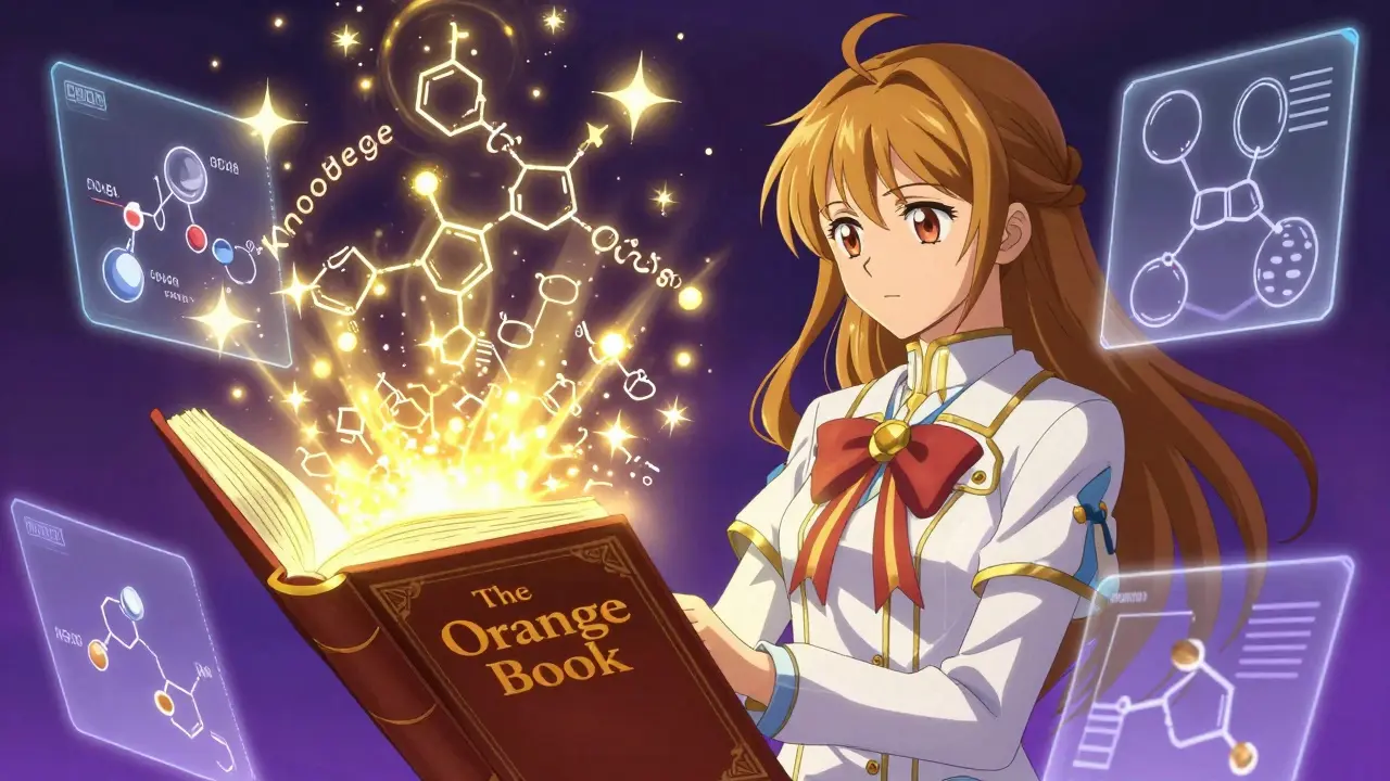 Magical girl doctor studying a glowing book of pharmacology with holographic chemical structures.