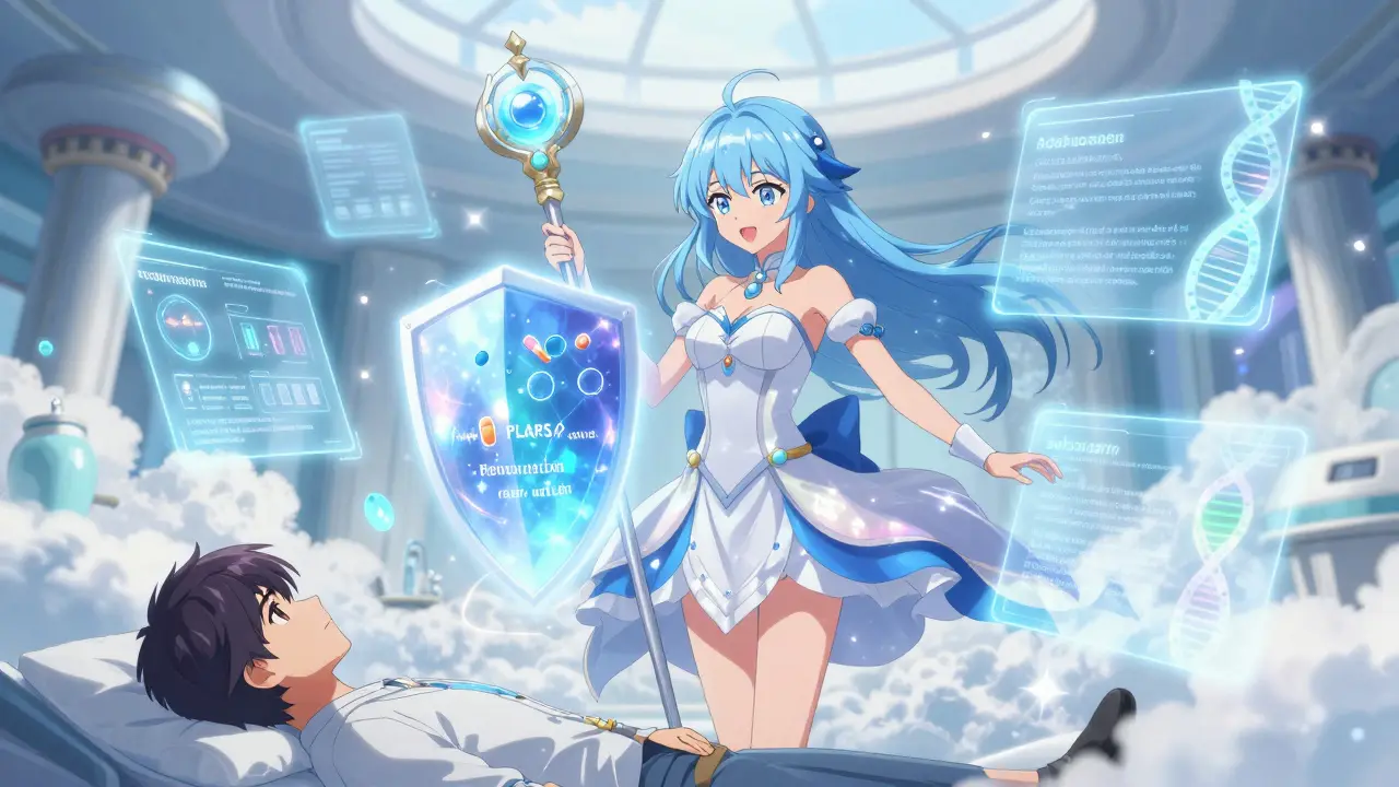 Magical girl healer using a staff to manage safe medication options and genetic data.