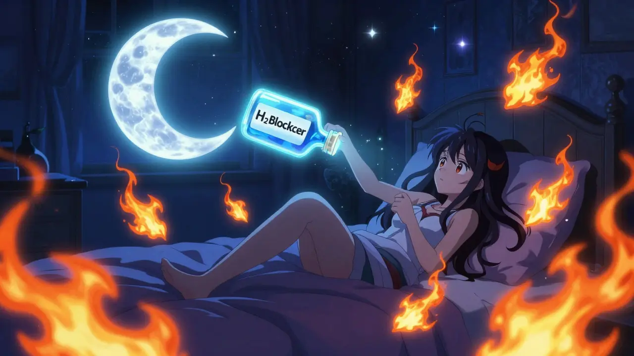 Magical girl in bed with orange flame spirits and a moon potion