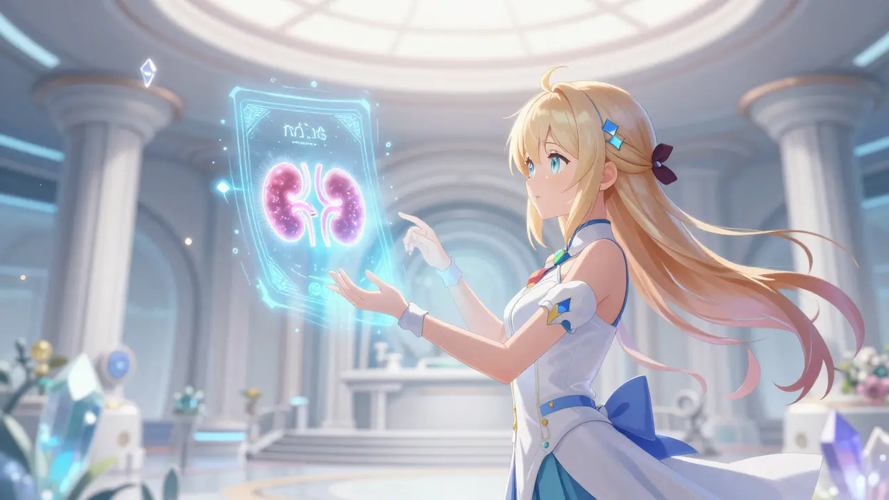 Magical girl reviewing holographic health symbols for kidney and thyroid monitoring.