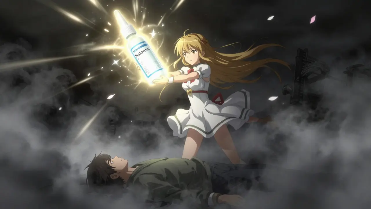 Magical girl using a glowing Naloxone spray to rescue someone from grey fog