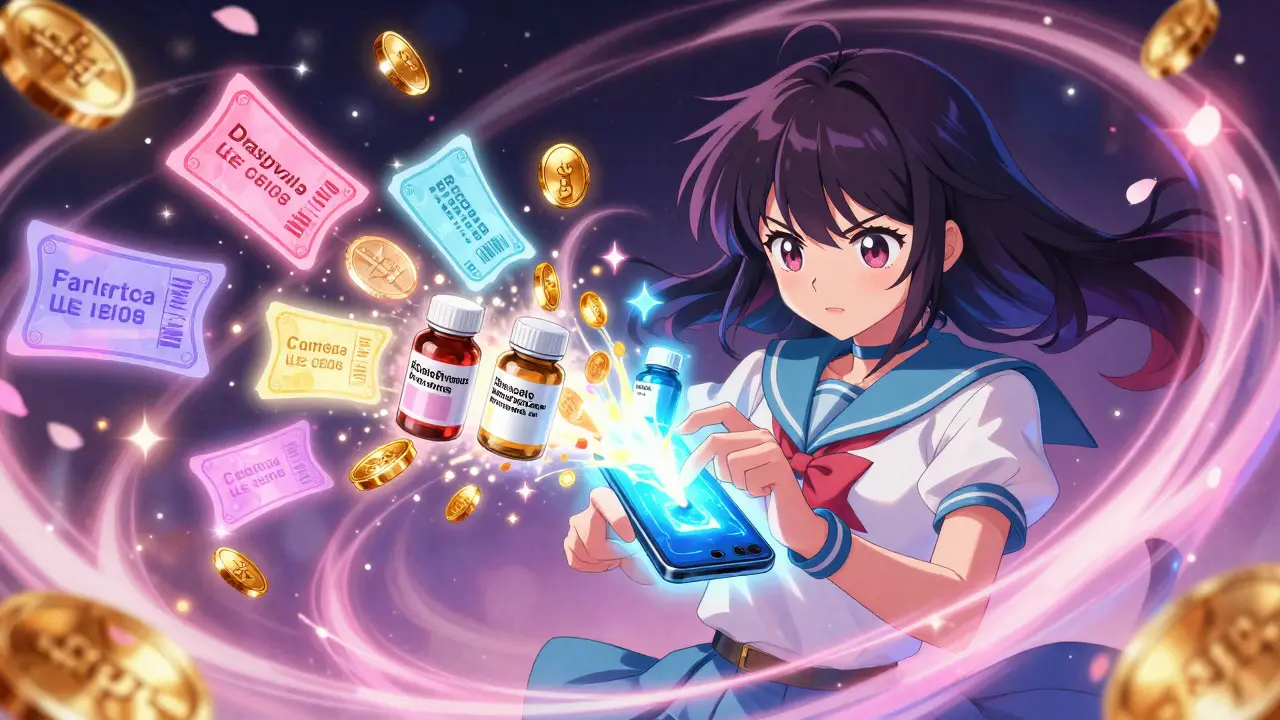 Magical girl using a glowing phone to find medicine discounts