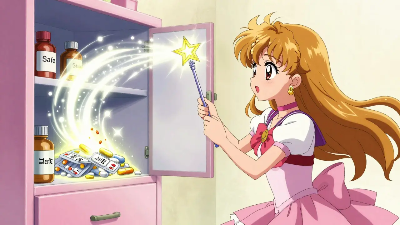 Magical girl using a sparkling spell to sort and dispose of expired medications.