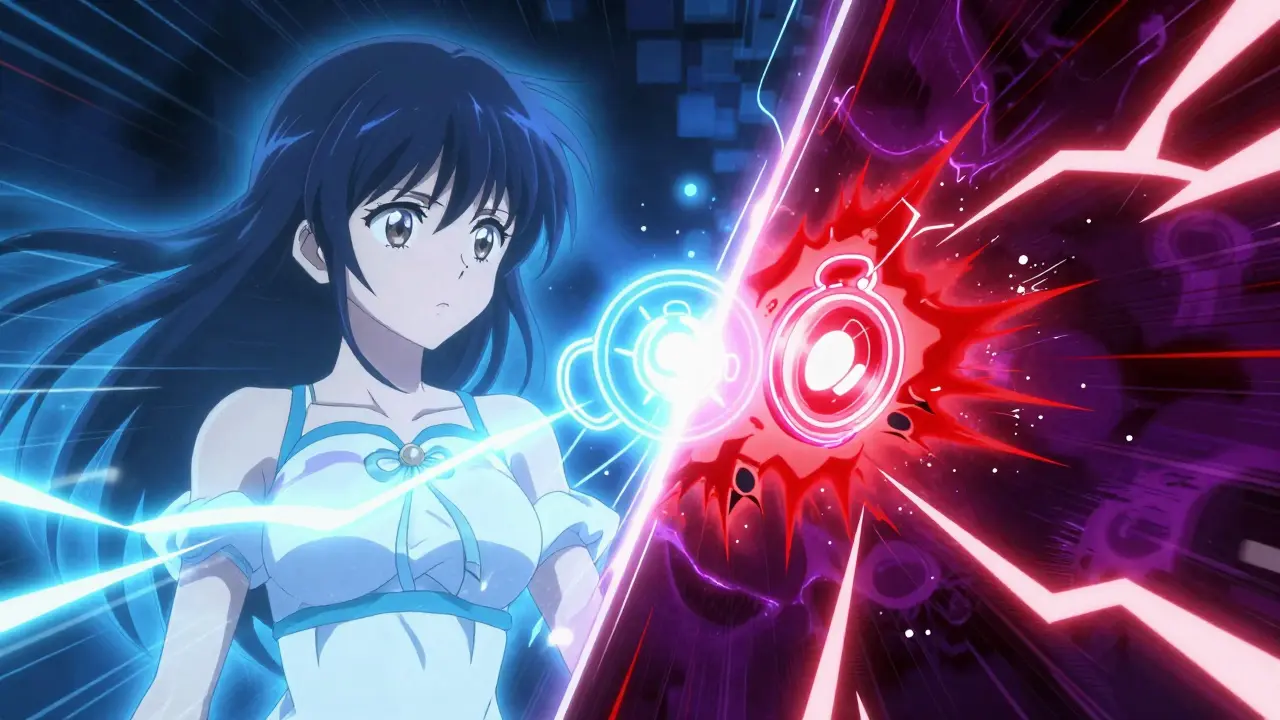 Split-screen anime art showing a calm blue state versus a red warning state of toxicity.