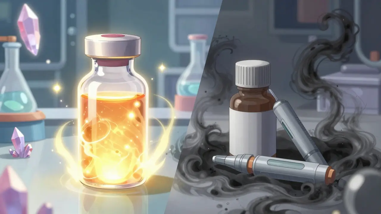 Split screen showing a potent glowing medicine bottle versus a degraded, greyed-out one.