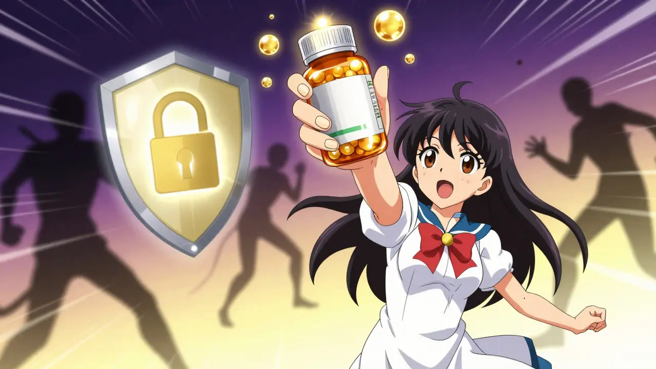 Anime character protecting legitimate medication from shadowy scam figures.