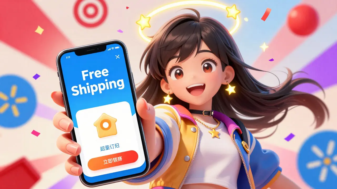 Anime girl celebrating free shipping and rewards on phone