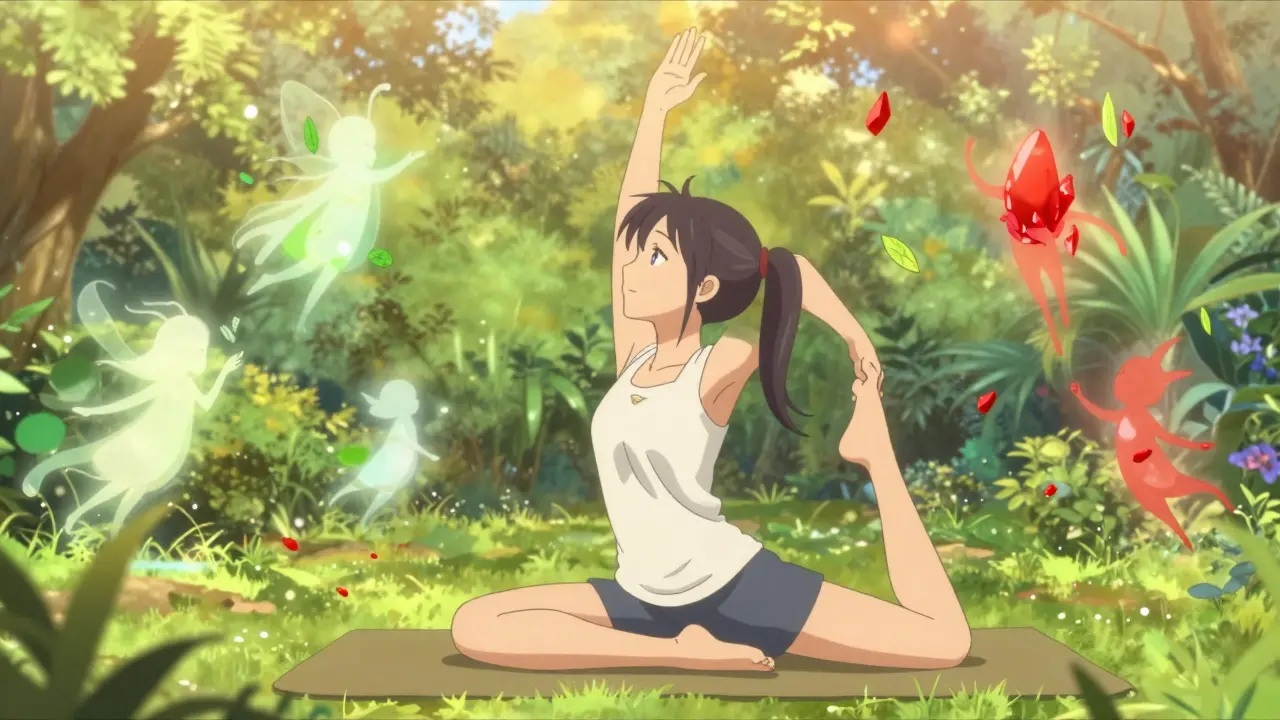 Anime girl doing yoga in a sunny garden with nature spirits around her.