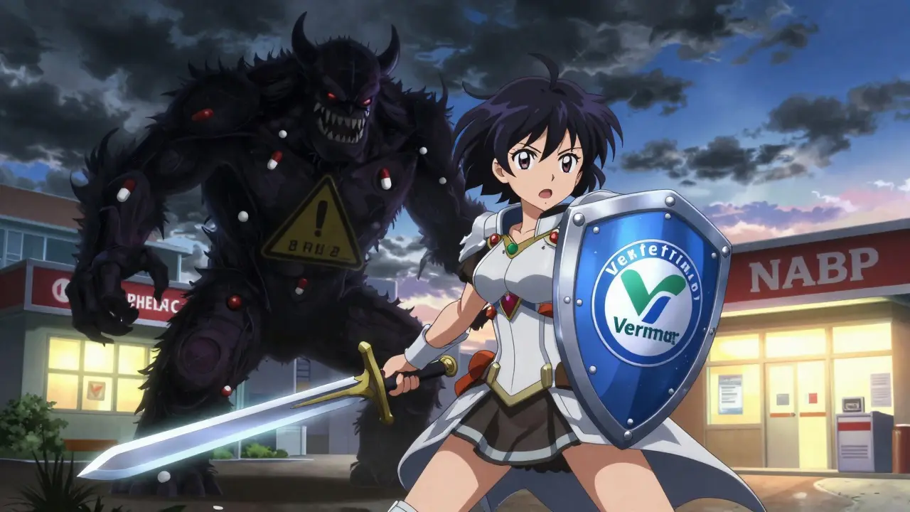 Anime heroine fighting fake drug monster with verified pharmacy shield