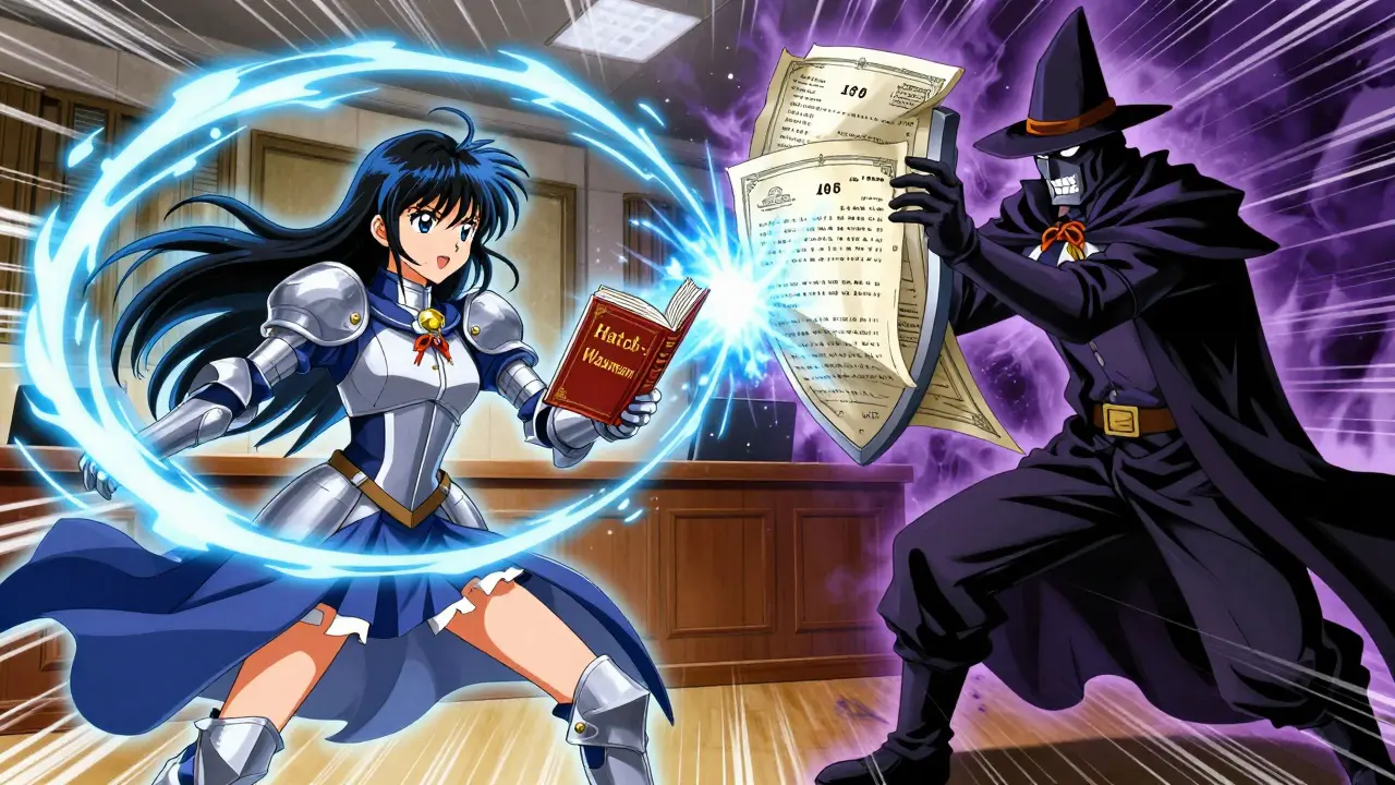 Anime style duel between a generic challenger and a brand patent shield