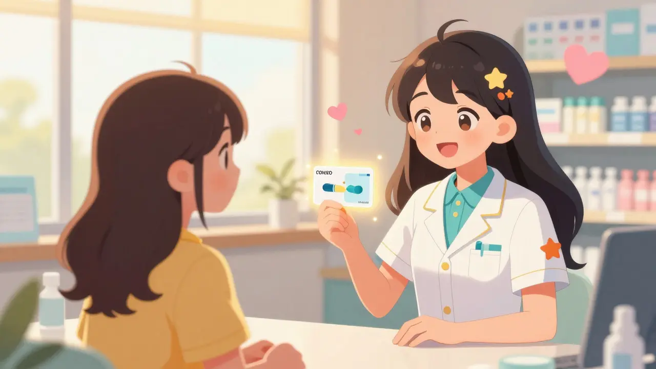 Cheerful anime pharmacist explaining generic equivalence to a happy patient with visual aids.