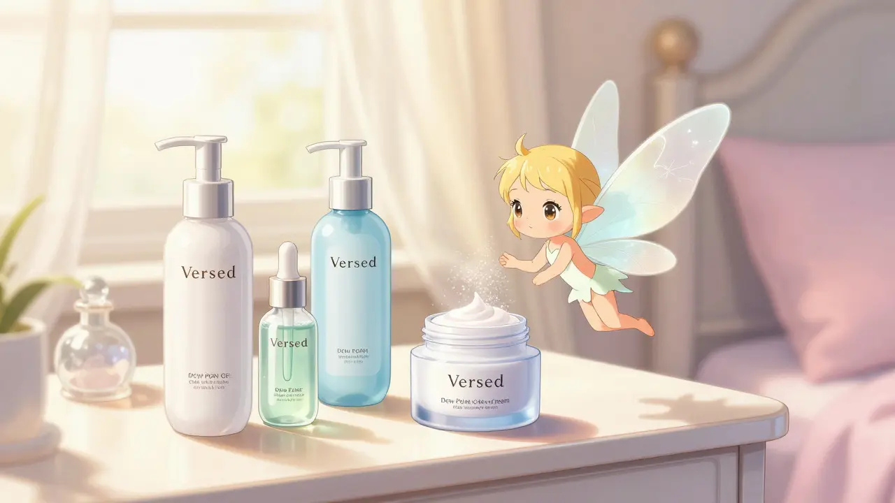 Cute anime fairy sprinkling magic on skincare bottles on vanity