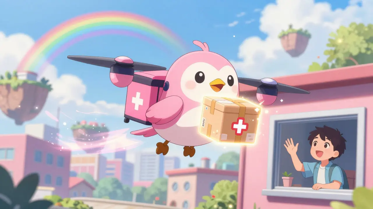 Cute magical drone delivering medicine package through sky