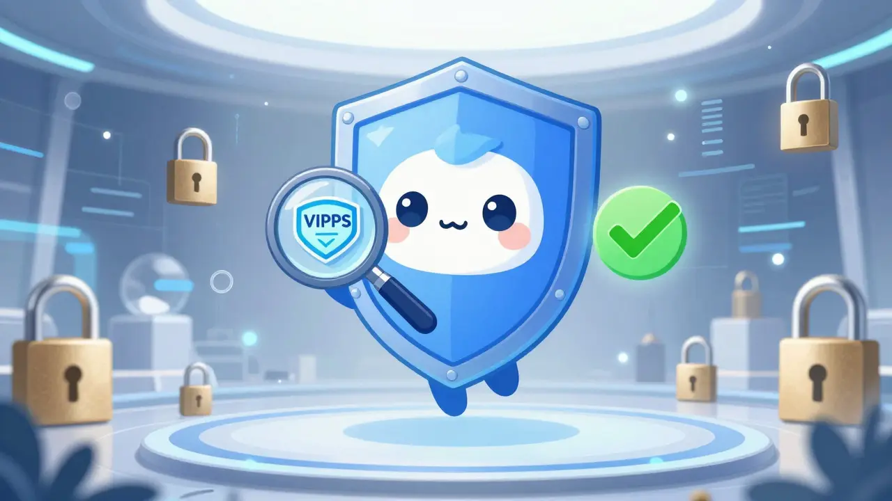 Cute mascot guarding a safe, verified online pharmacy interface