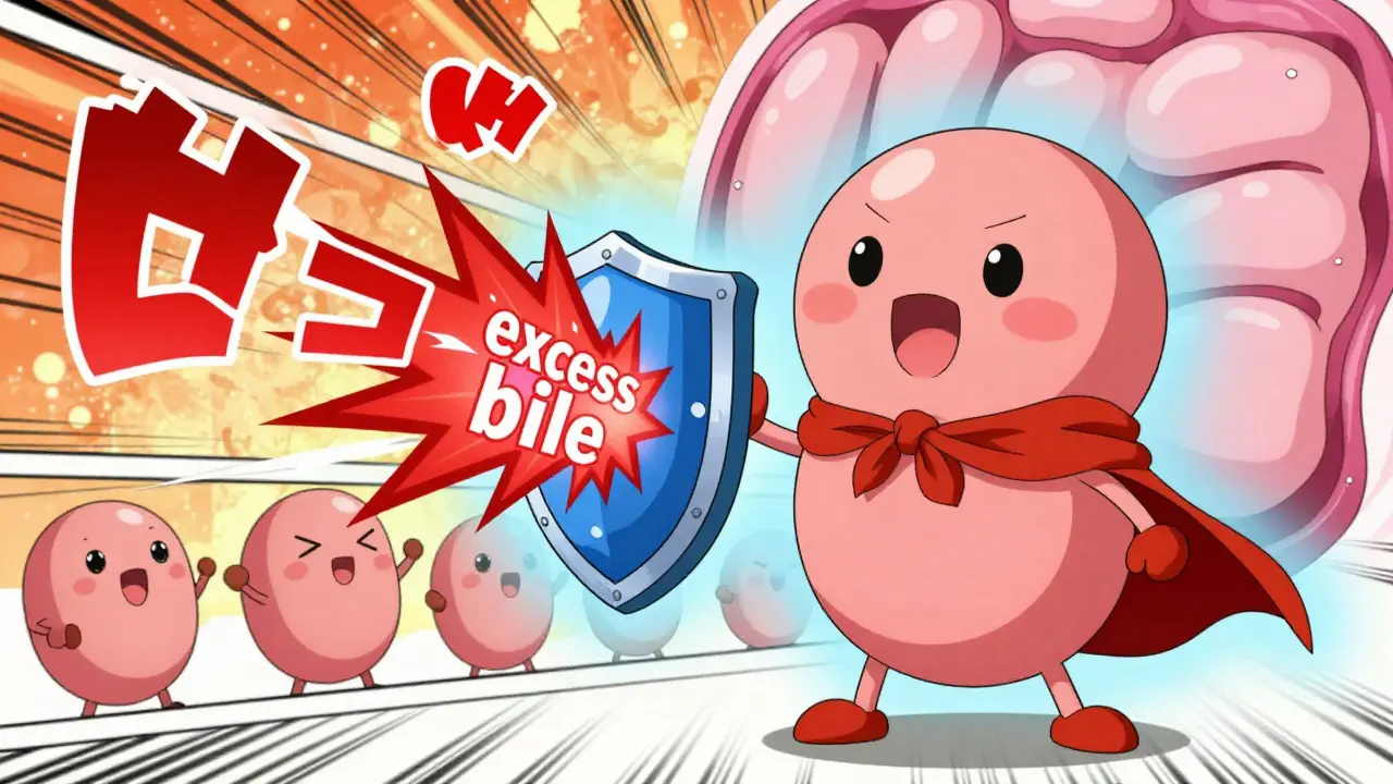 Cute pill character blocking bile spikes to protect the gut in anime style.