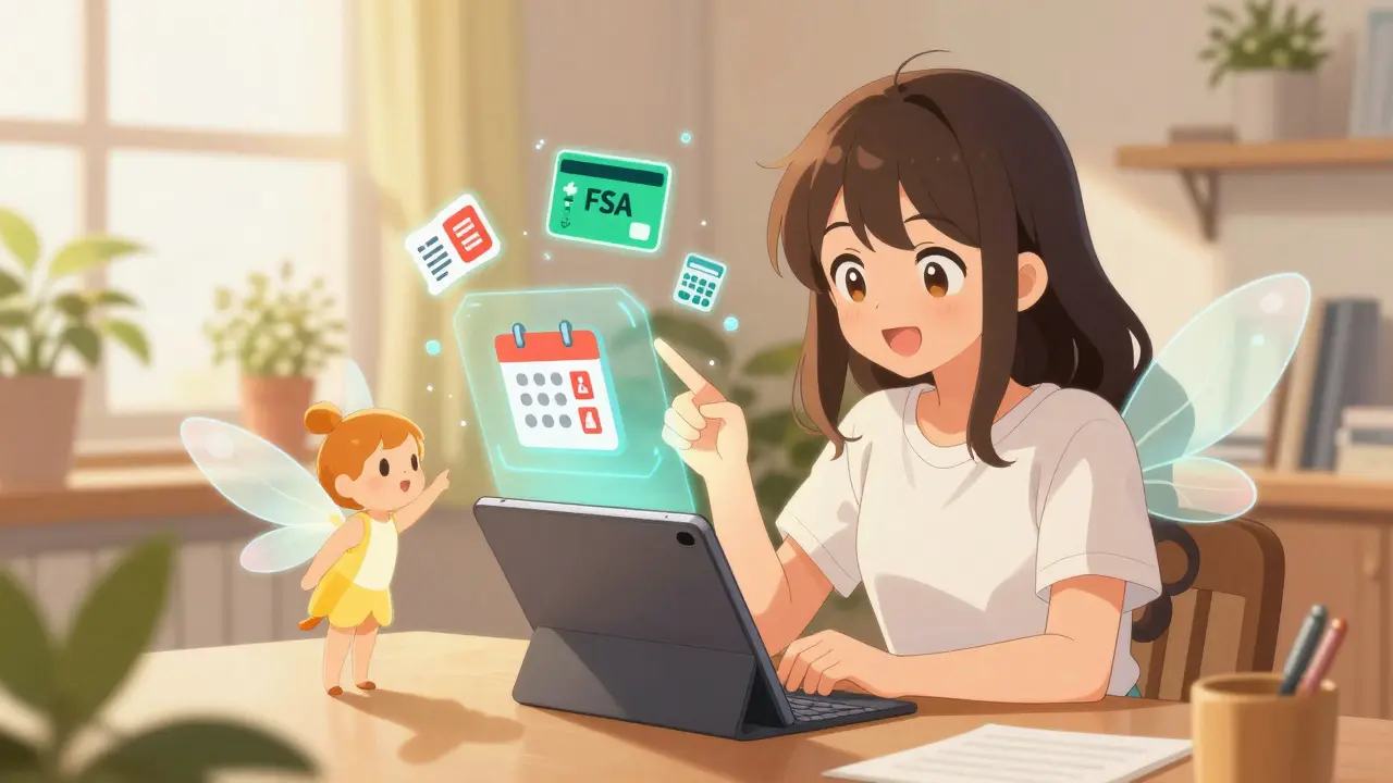 Girl using tablet to find drug discounts with fairy helper