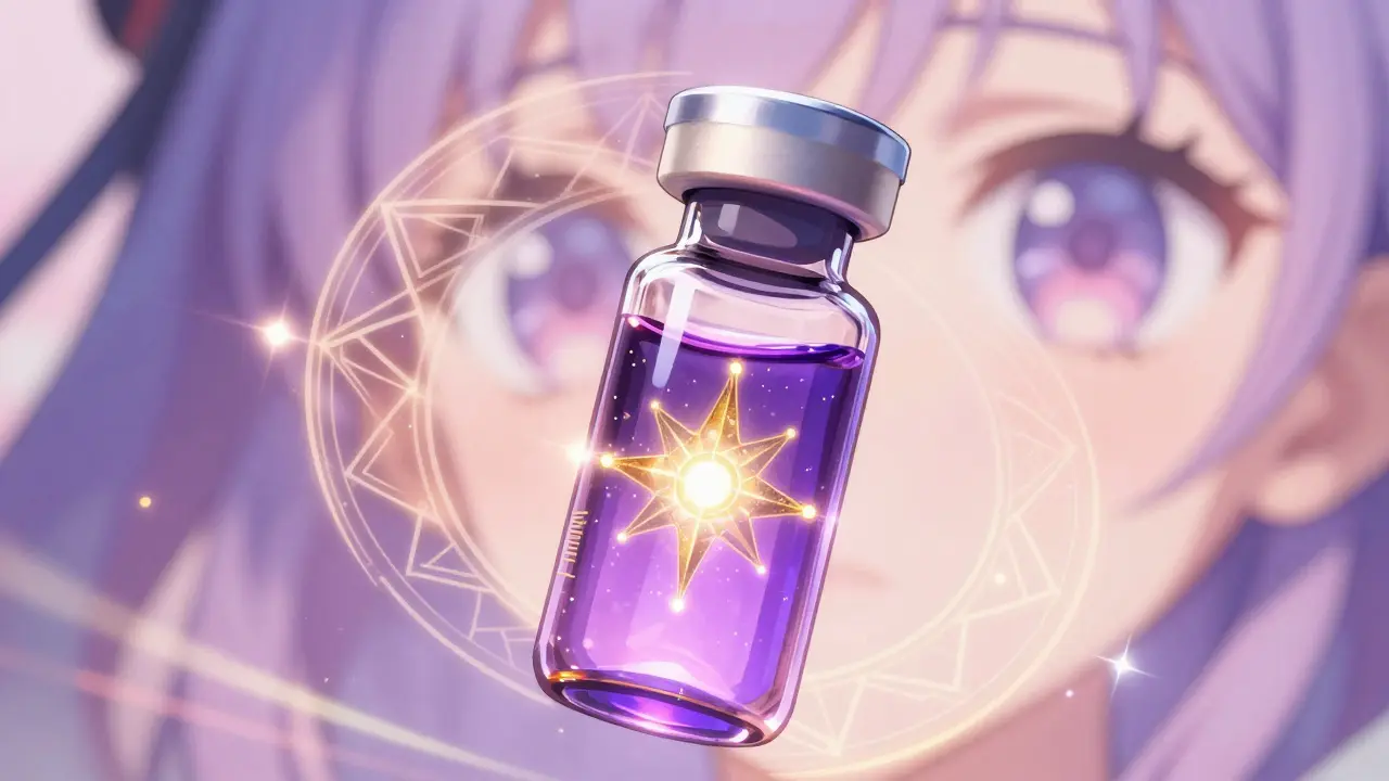 Glowing biologic drug vial blocking receptors in anime style