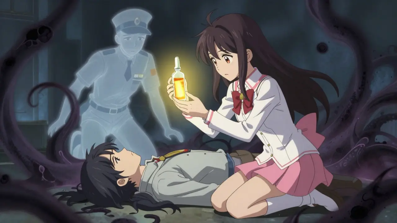 Magical girl administering aid to an overdose victim with glowing potion.