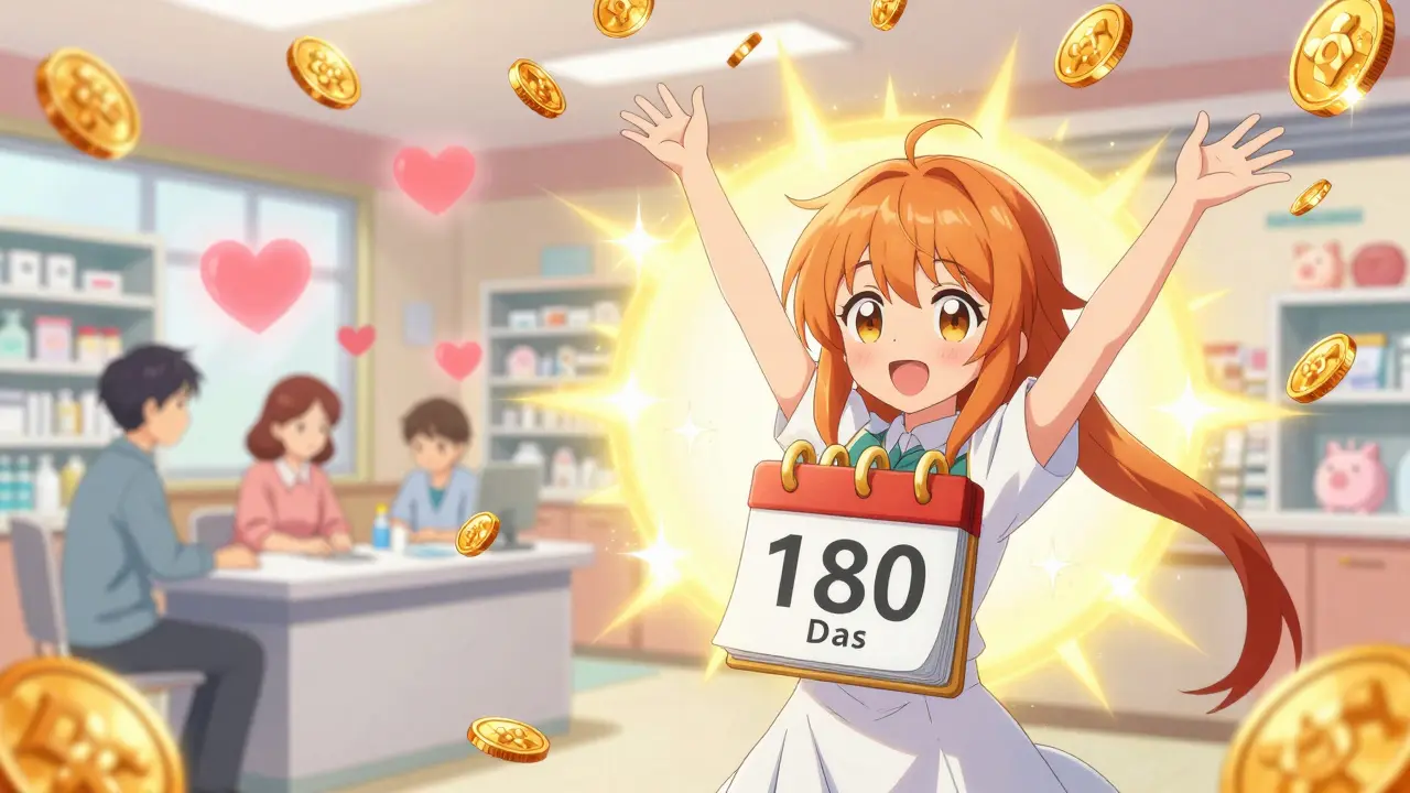 Magical girl celebrating with a 180-day exclusivity trophy and golden rewards