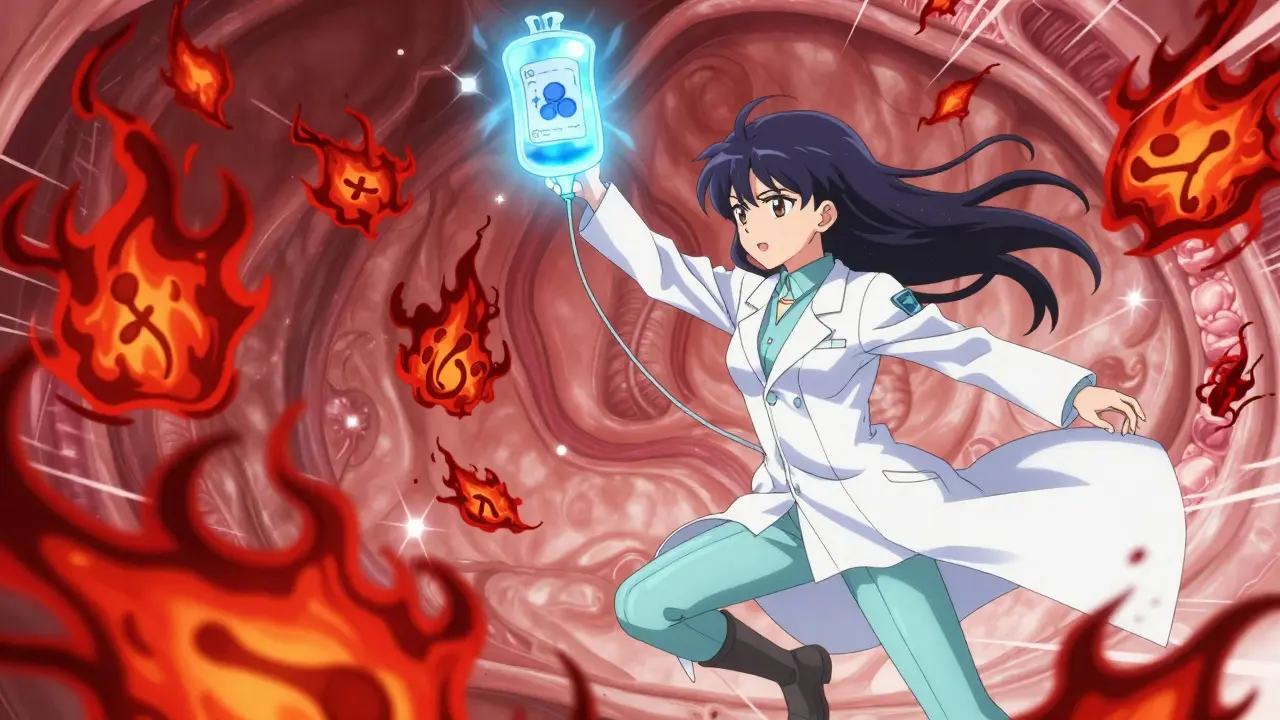 Magical girl fighting inflammation spirits with an IV staff