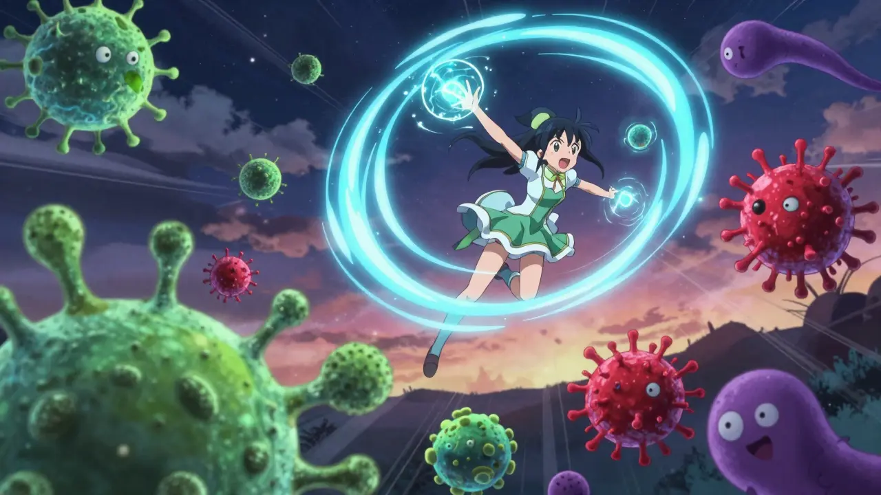 Magical girl fighting stylized germ monsters