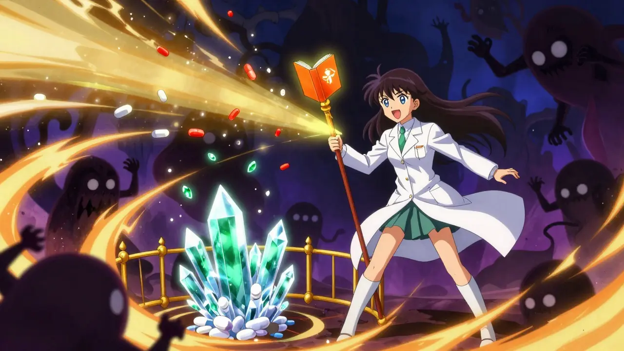 Magical girl pharmacist protecting patients from medication errors with golden light magic.
