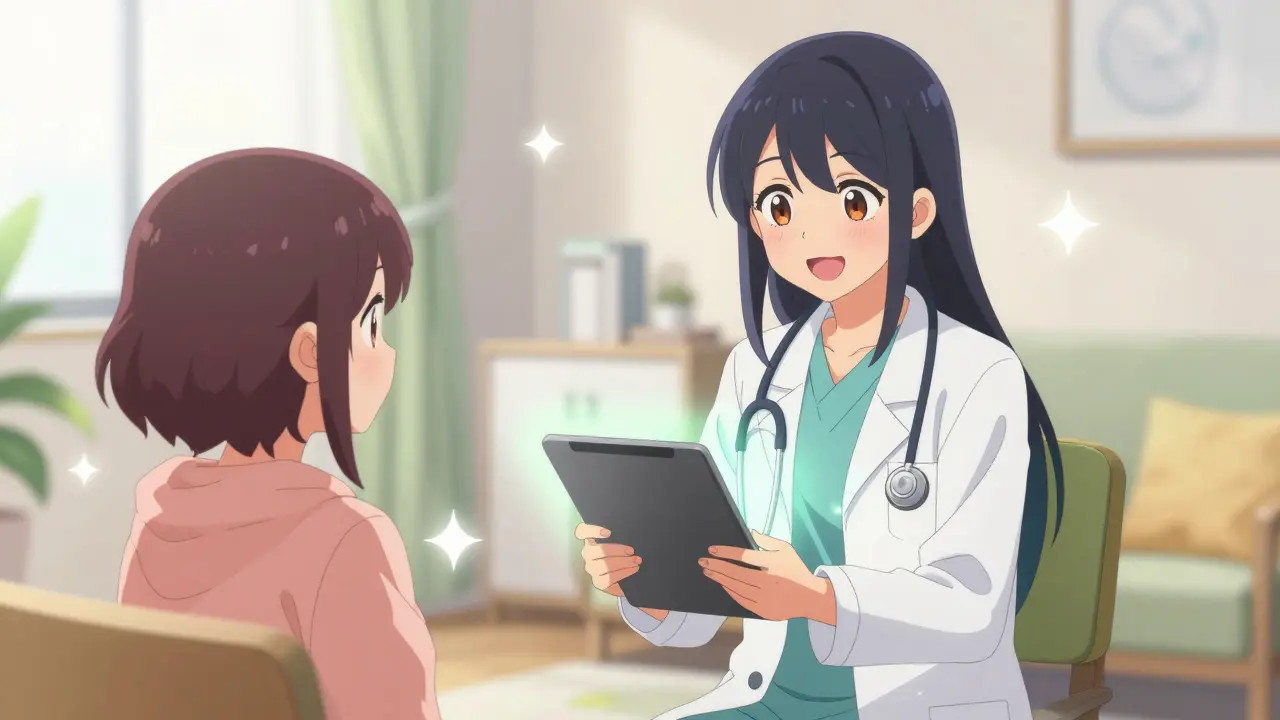 Magical girl style doctor smiling during a safe telemedicine video call.