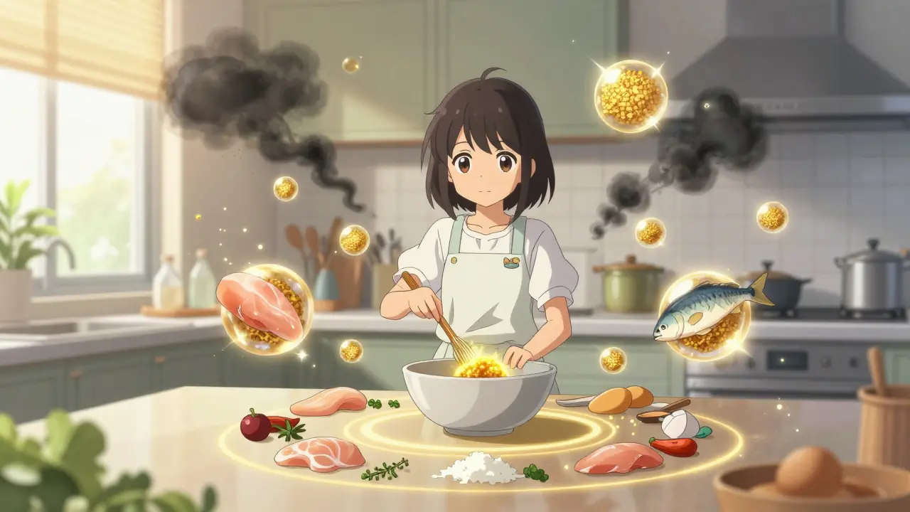 Magical girl using healthy food orbs to neutralize digestive triggers.