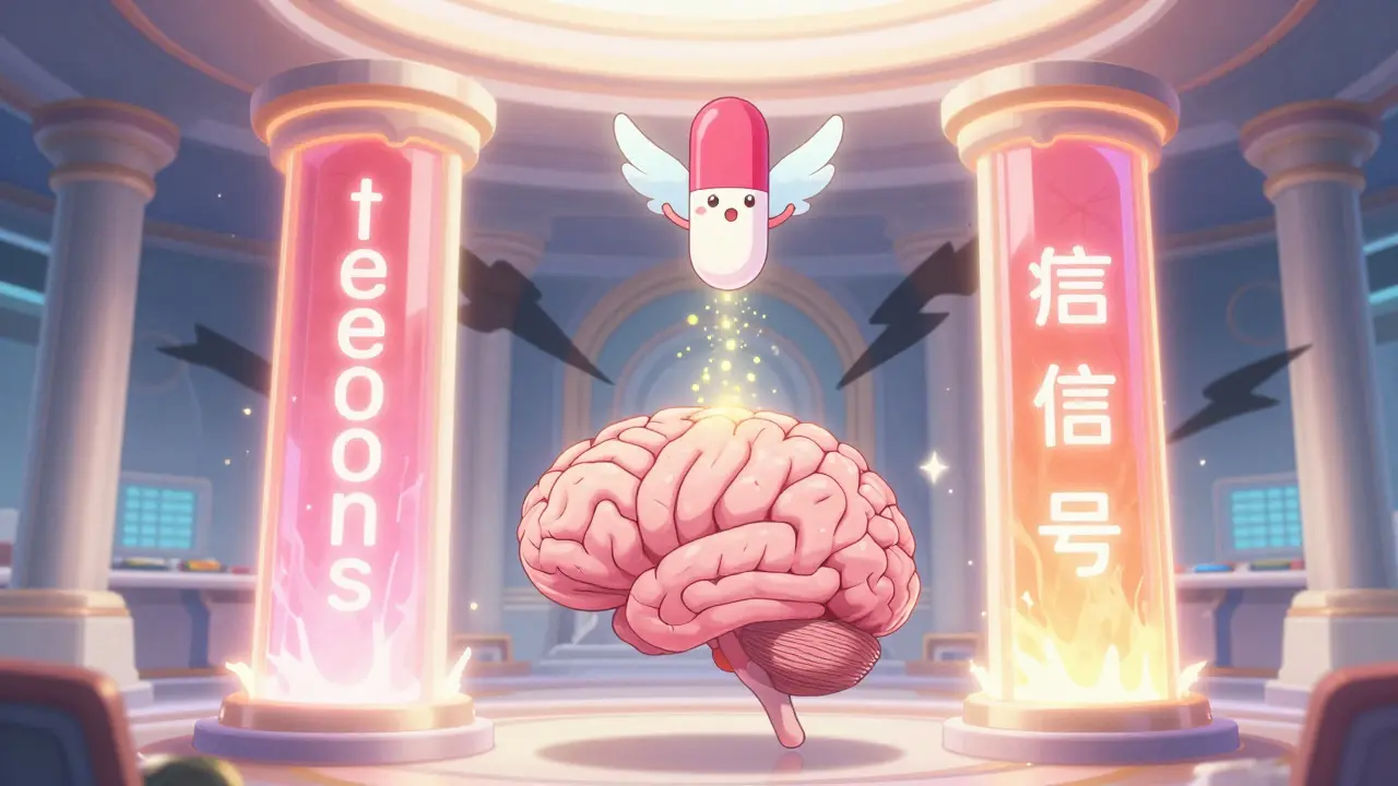 Magical mascot enhancing glowing neurotransmitter pillars inside a brain temple.