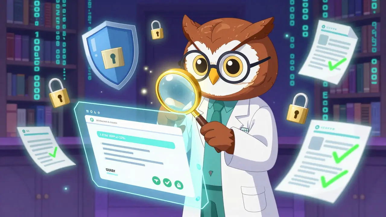 Owl pharmacist checking website safety seals with magic lens