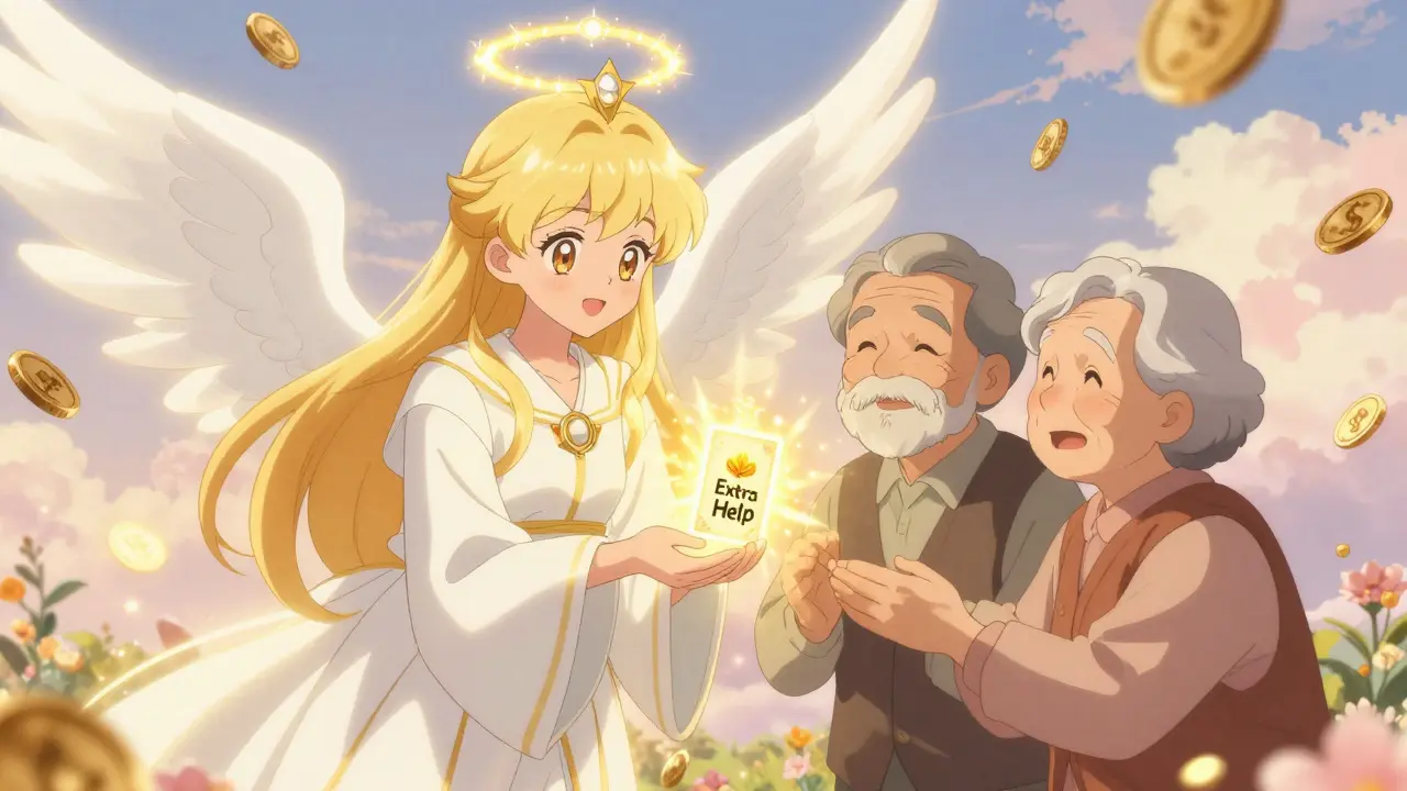 Angel figure giving Extra Help aid card to grateful senior couple in anime style