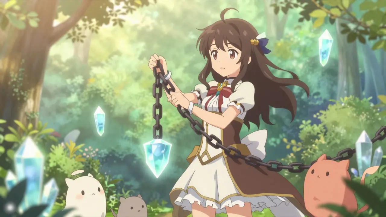 Anime character releasing heavy chains with help of healing spirit animals