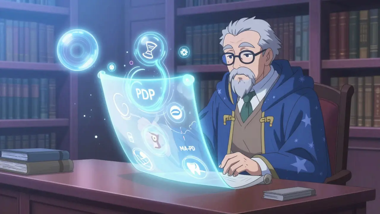 Anime elder mage reviewing PDP and Medicare Advantage plan options magically