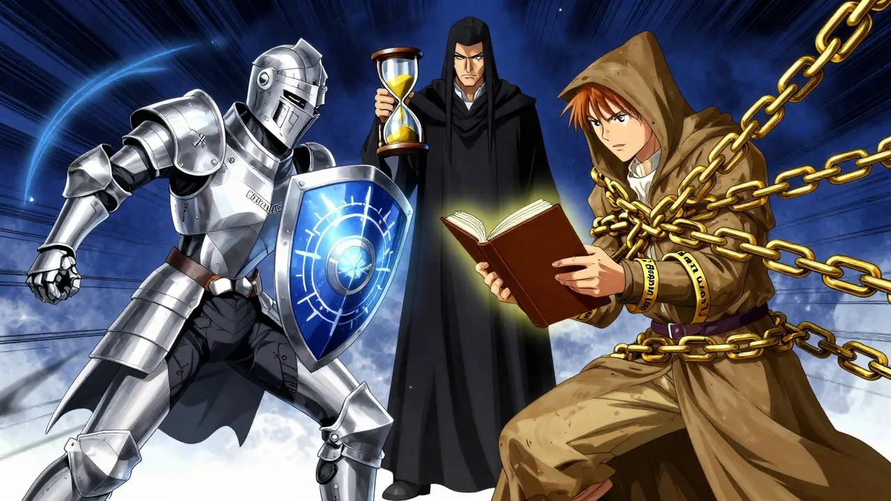 Anime knights and mages battling over drug label rules, with a slow hourglass symbolizing regulatory delays.