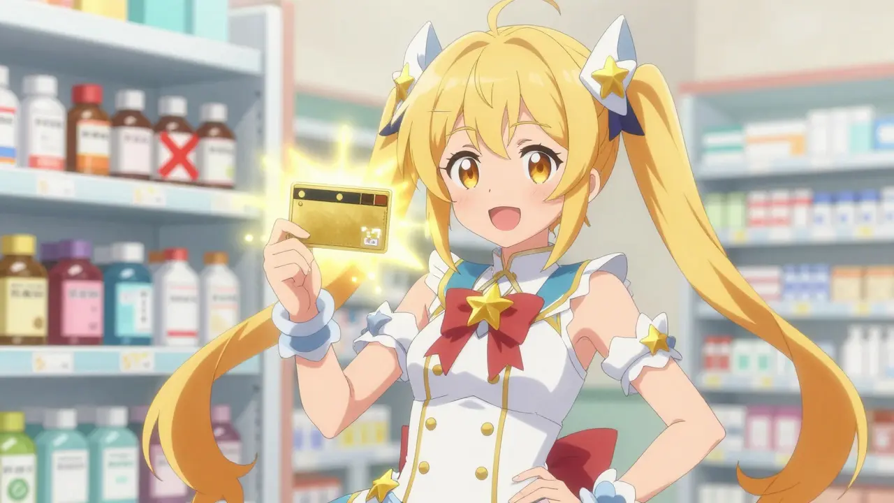 Cheerful anime girl holding a glowing safety wallet card